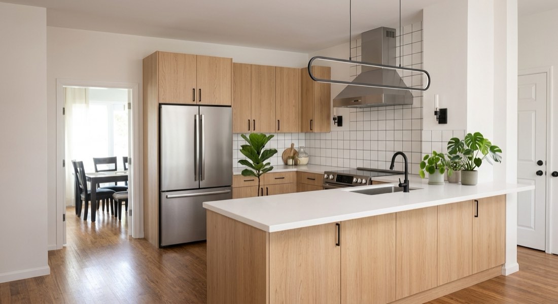 After: the same kitchen rendered with light oak flat-panel cabinets, white quartz counters, square tile backsplash and a linear pendant