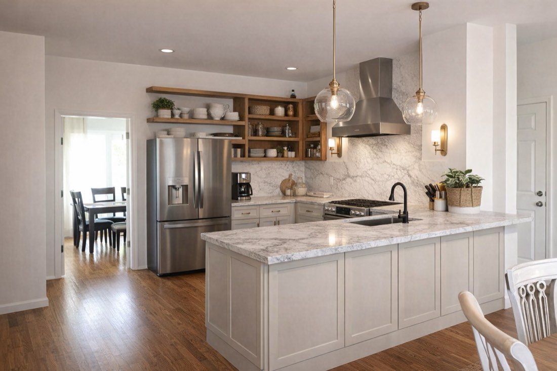 Before: the homeowner's photo — painted shaker cabinets, marble counters and backsplash, glass pendants