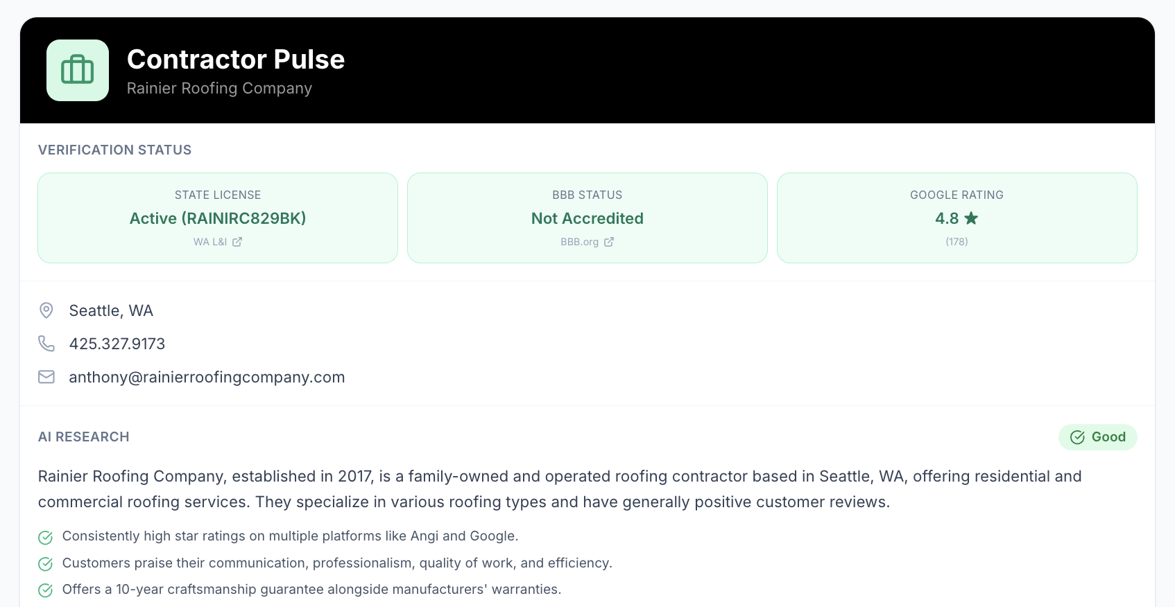 Contractor Pulse verification card
